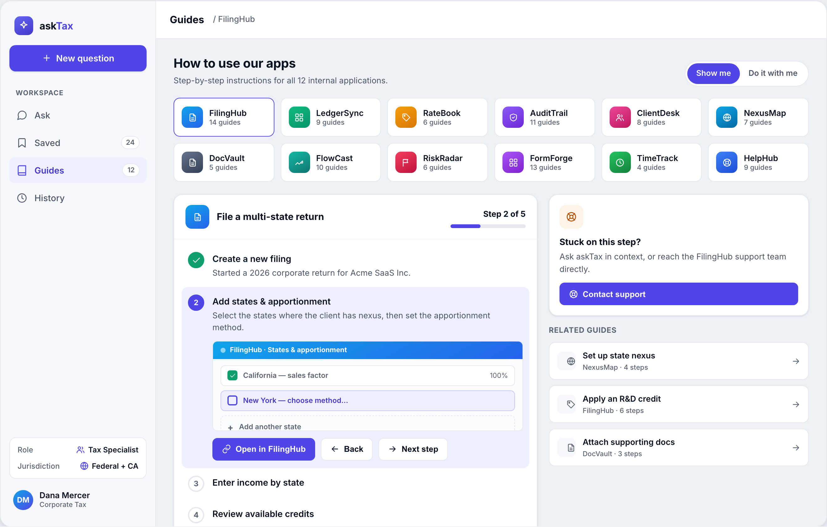askTax Guides: a 12-app picker above a step-by-step walkthrough for filing a multi-state return, with a Show me / Do it with me toggle, an Open in FilingHub CTA, and a panel of related guides.