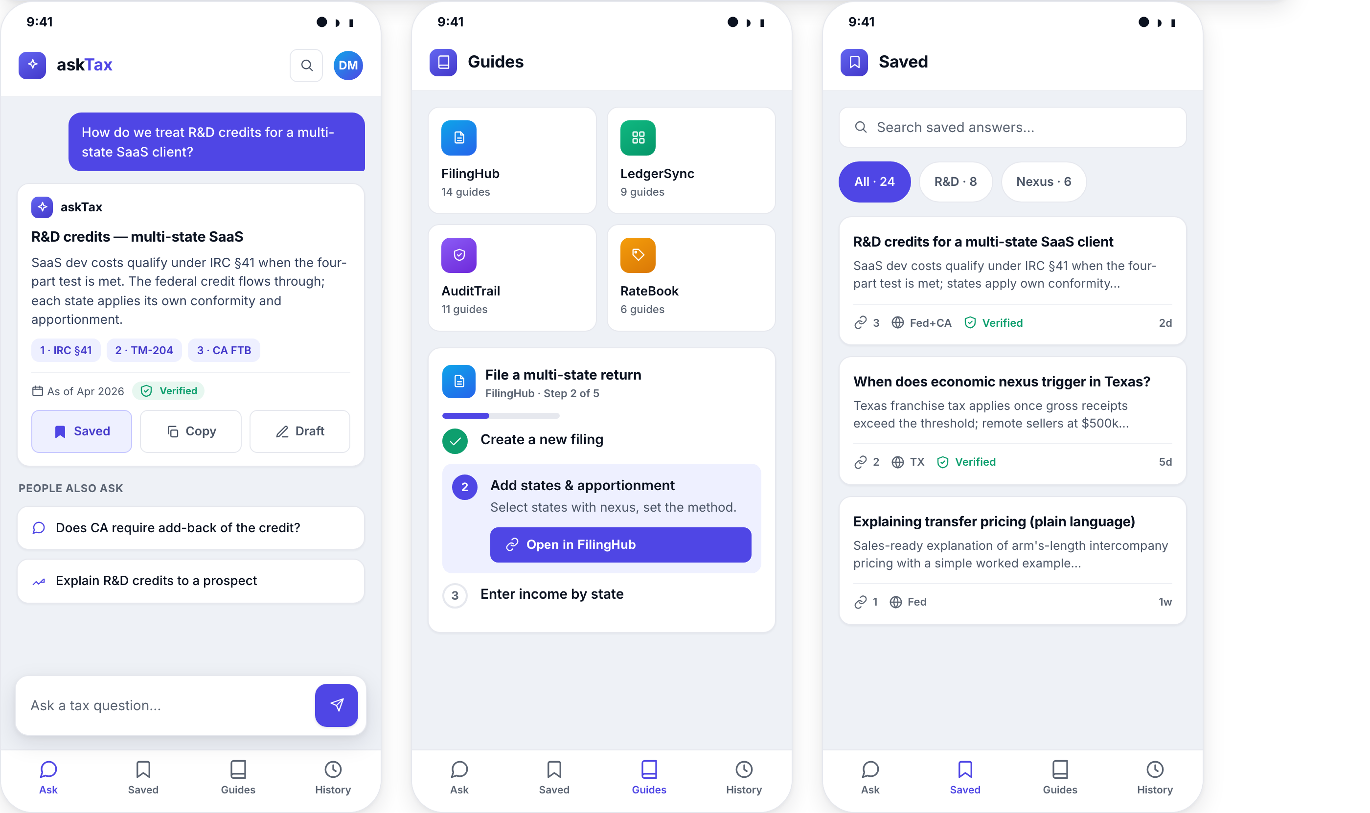 askTax on mobile: the Ask, Guides, and Saved screens rendered on phones with a bottom tab bar, full-width composer, and stacked cards.