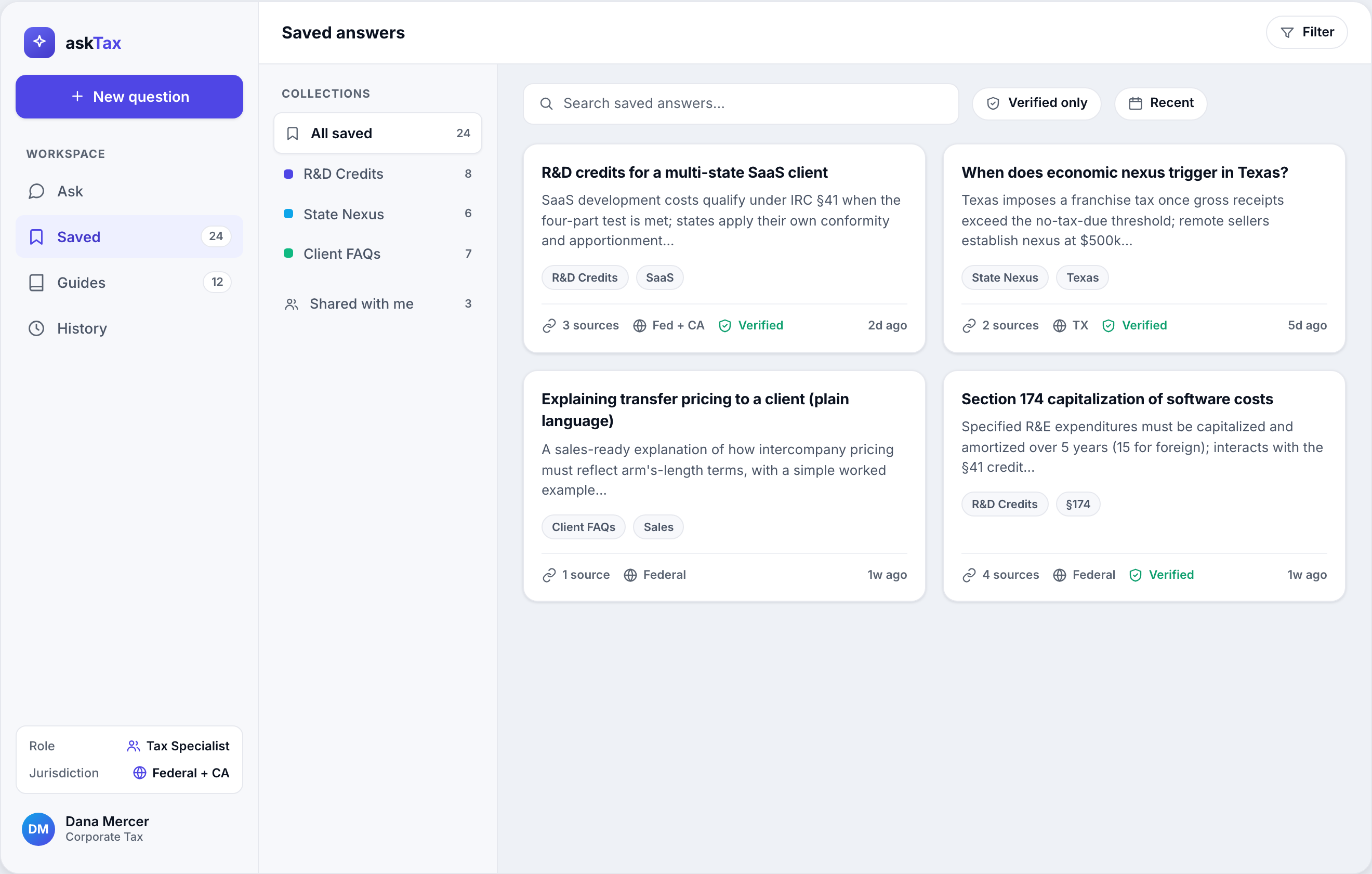 askTax Saved library: a collections sidebar and a grid of saved-answer cards, each showing source counts, jurisdiction tags, and verified badges.